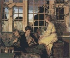 Mother and Children by a Window at Dusk